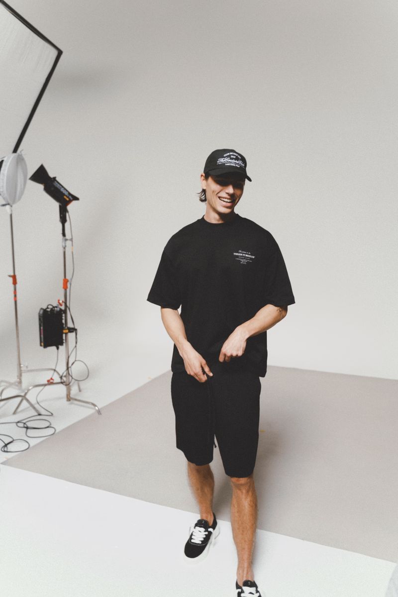 A full-length look photographed on the studio cove.